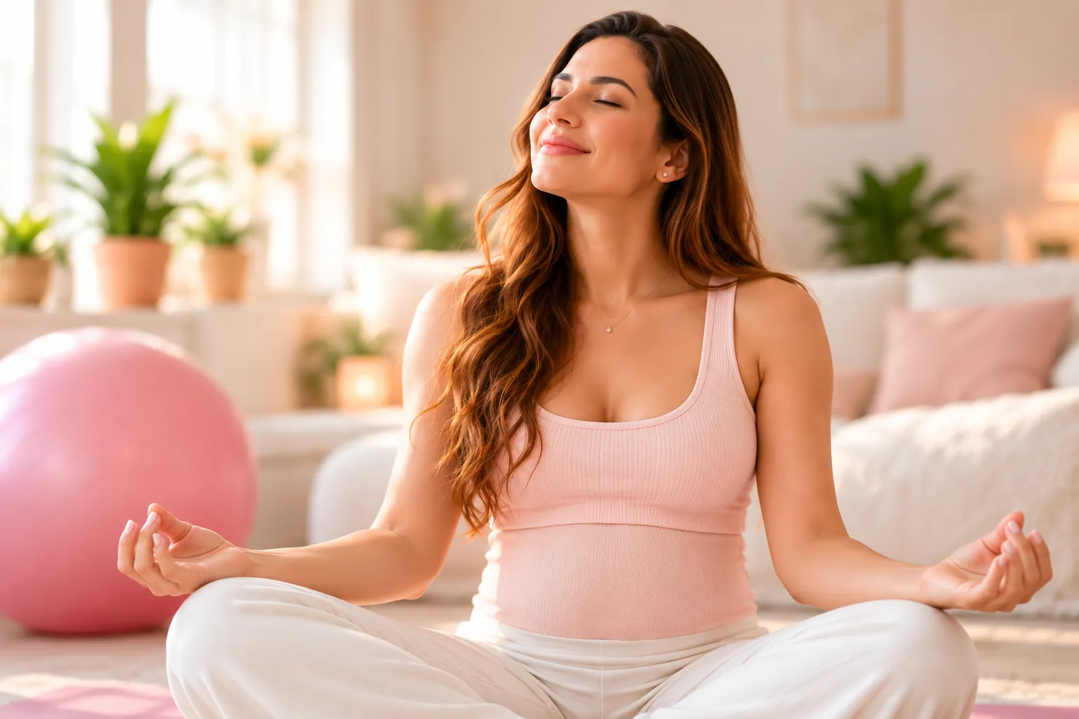 Mulher em postura de meditação, transmitindo bem-estar