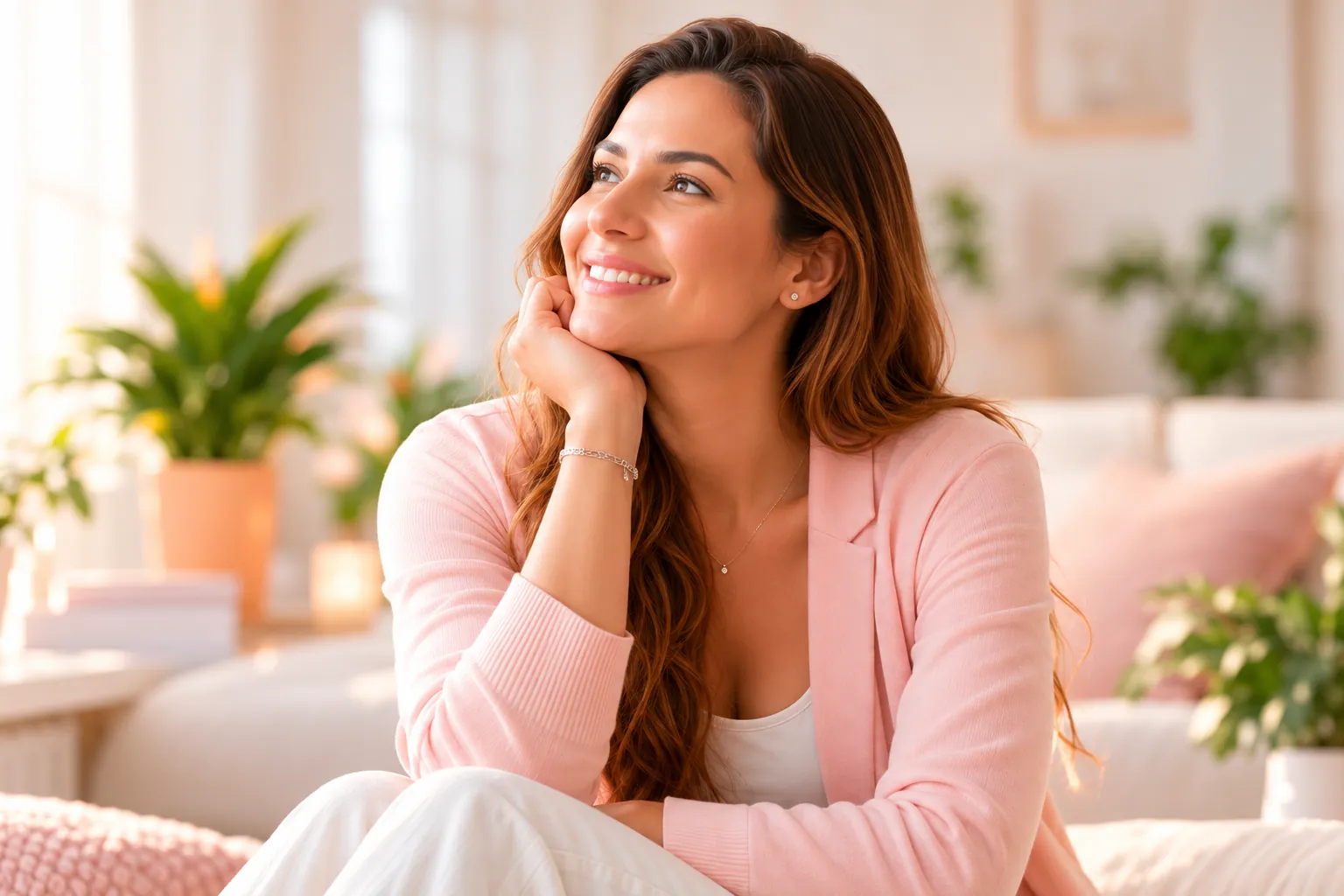 Mulher sorrindo, sentada em um ambiente claro e acolhedor